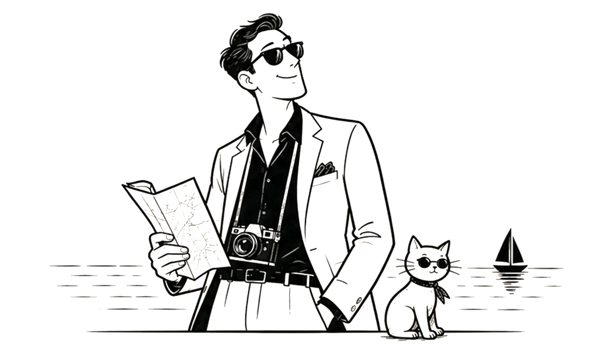 An illustrated traveller with a suitcase, looking out at the horizon